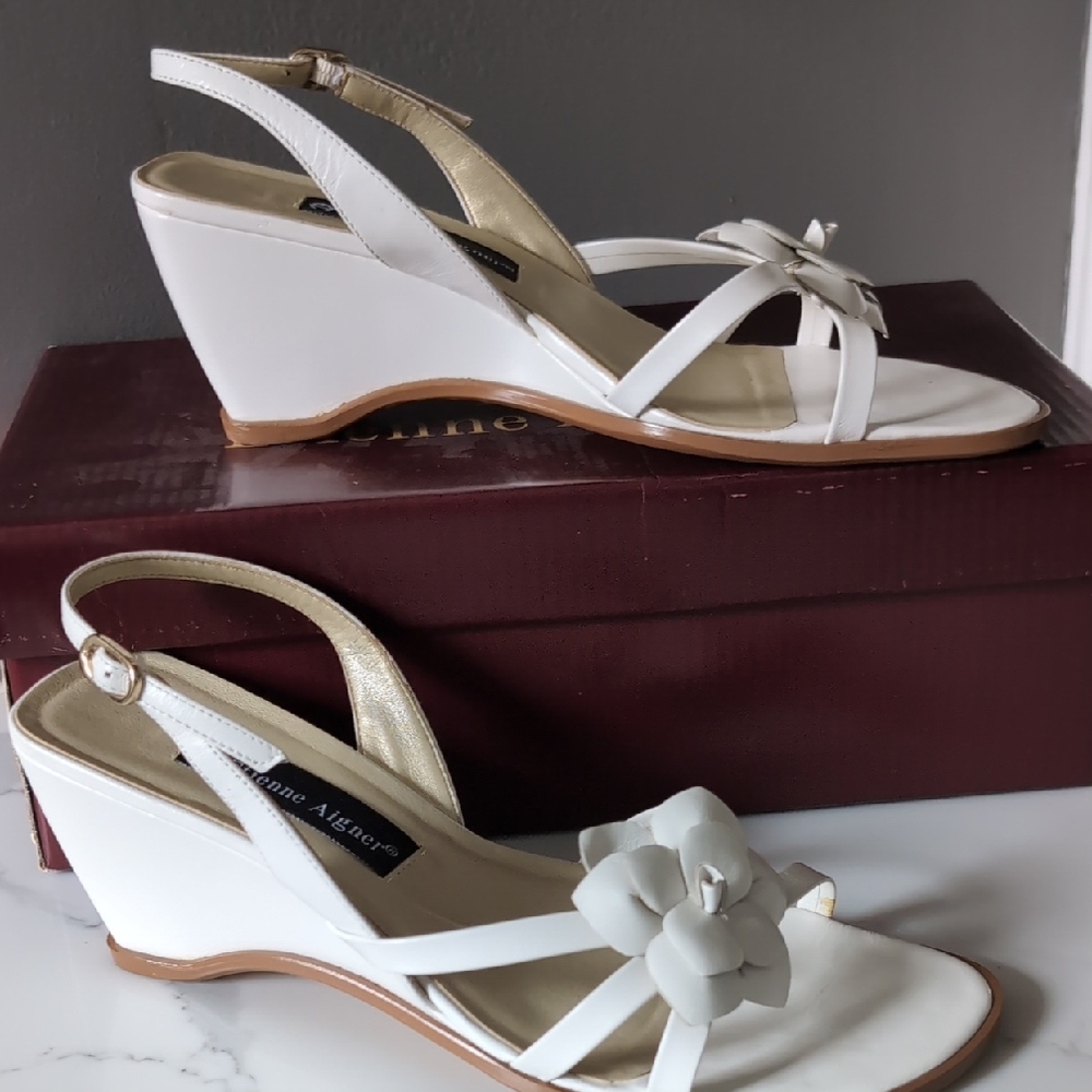 Etienne Aigner White Leather Wedge Sandals with Floral Accent